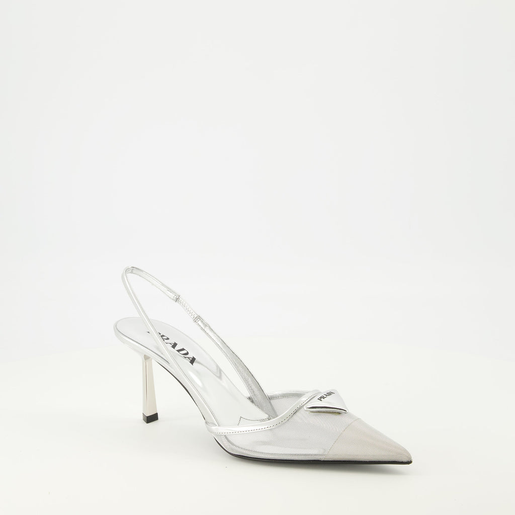 silver mesh heels, Prada footwear, pointed toe heels, elegant shoes, spring-summer collection