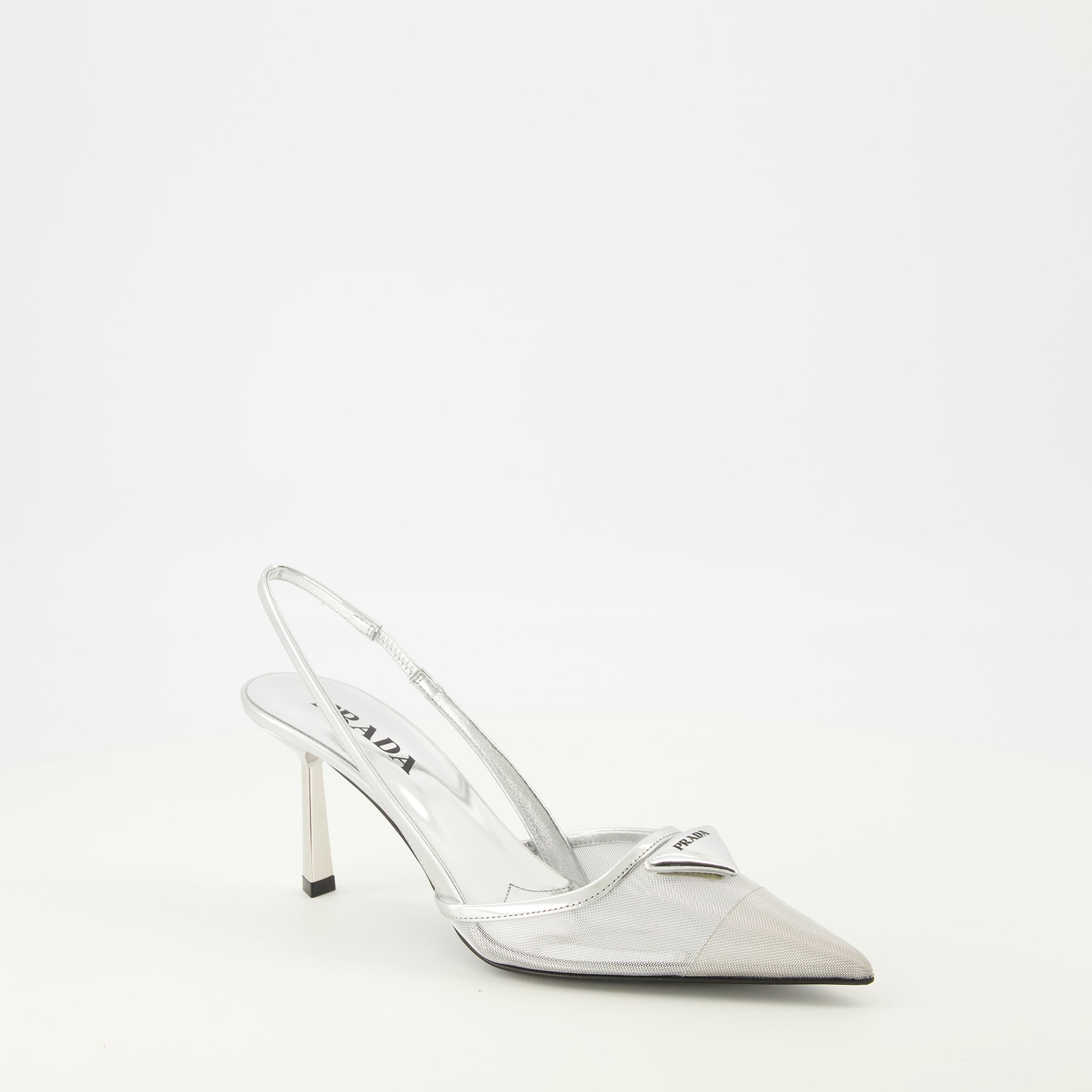 silver mesh heels, Prada footwear, pointed toe heels, elegant shoes, spring-summer collection
