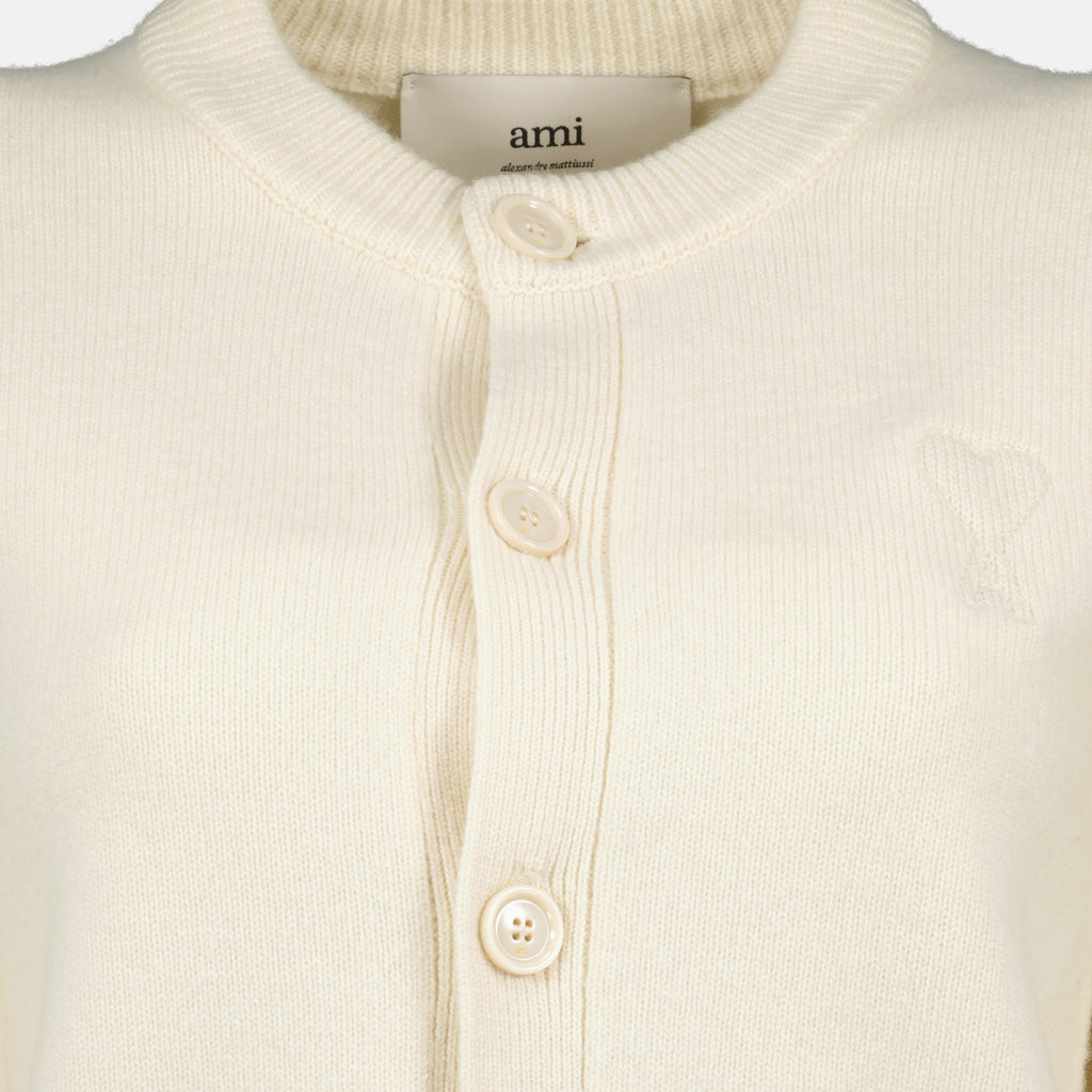 AMI de Coeur cardigan, wool and cashmere blend, white cardigan, versatile layering piece, elegant button-up design