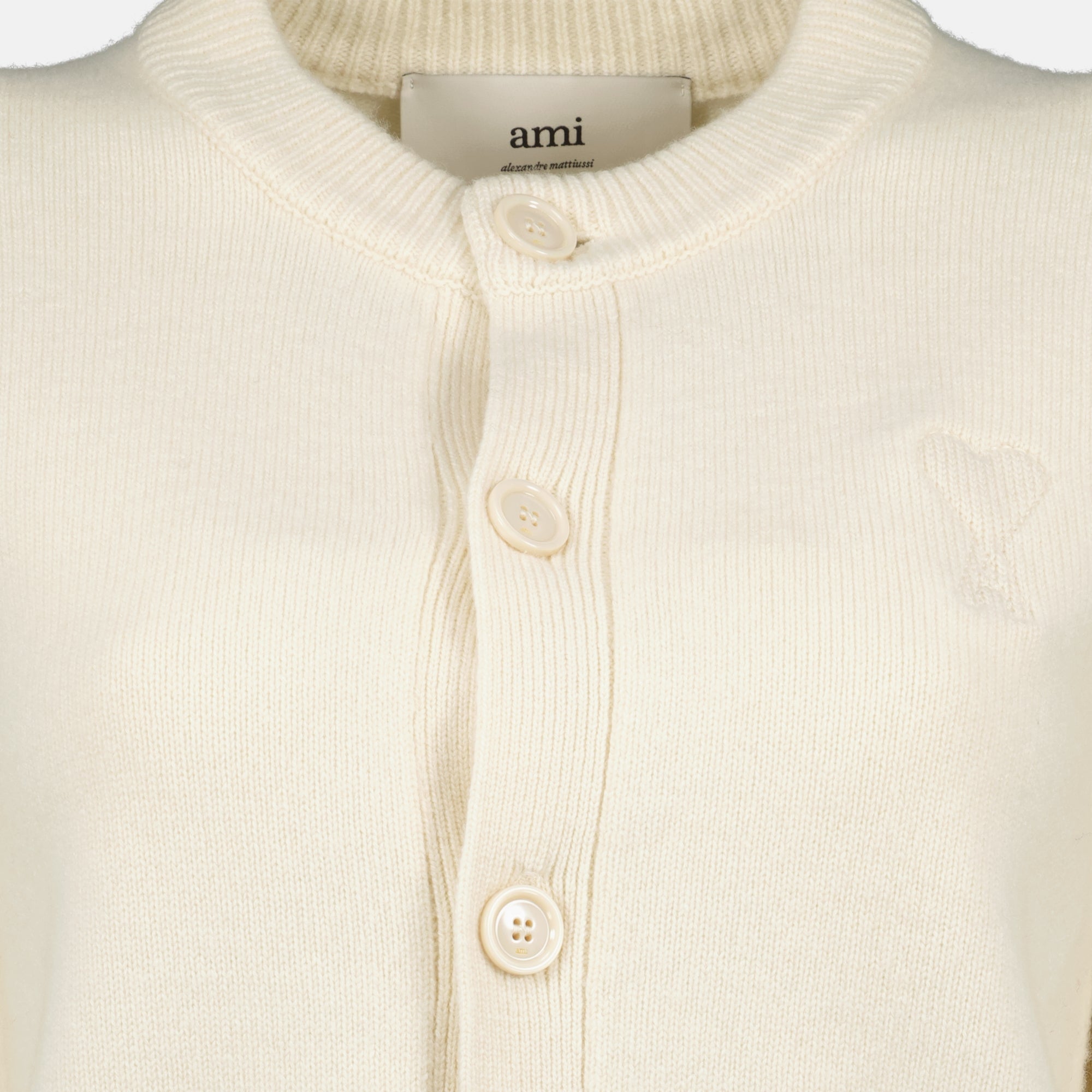 AMI de Coeur cardigan, wool and cashmere blend, white cardigan, versatile layering piece, elegant button-up design