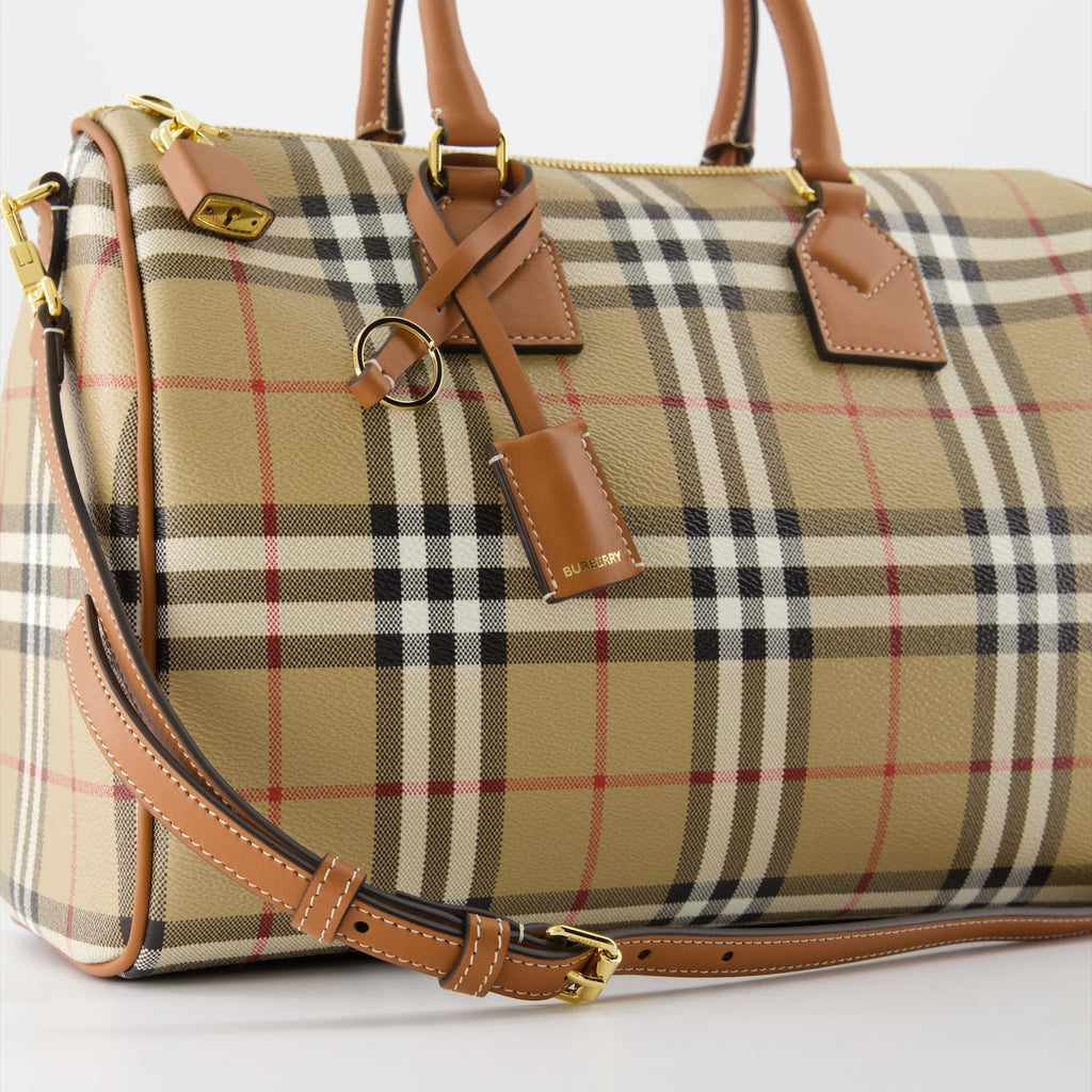 Burberry Bowling Bag, Beige Check Bag, Vintage Pattern Bag, Leather and Polyurethane Bag, Designer Handbag