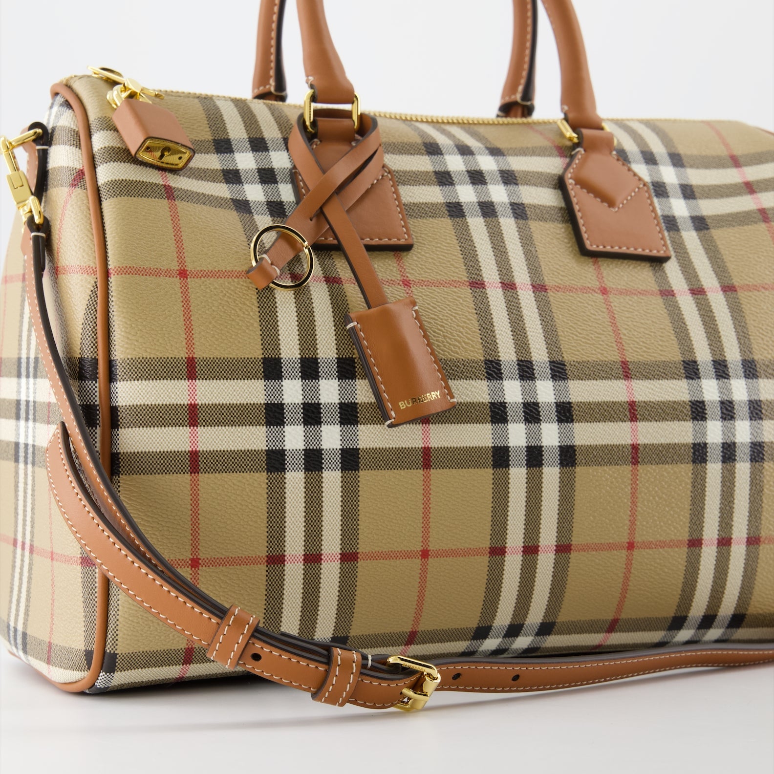 Burberry Bowling Bag, Beige Check Bag, Vintage Pattern Bag, Leather and Polyurethane Bag, Designer Handbag