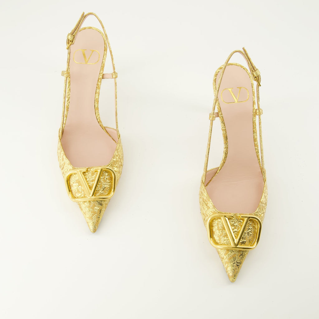 Valentino pumps, gold fabric shoes, Vlogo signature footwear, elegant ankle strap pumps, spring-summer collection