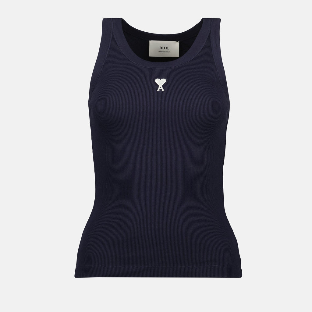 navy tank top, ribbed top, cotton tank, heart logo, casual wear