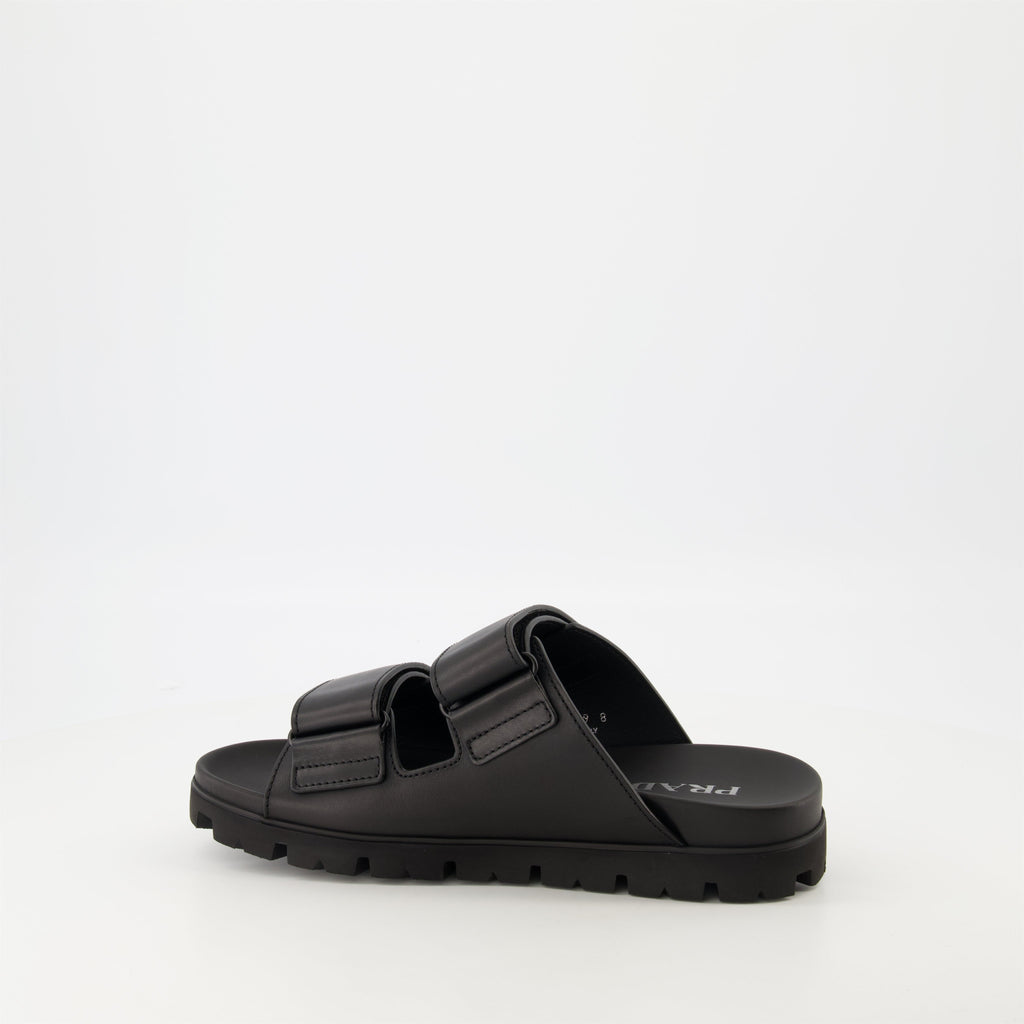 black leather slides, Prada slides, men's leather footwear, stylish casual shoes, comfortable leather sandals