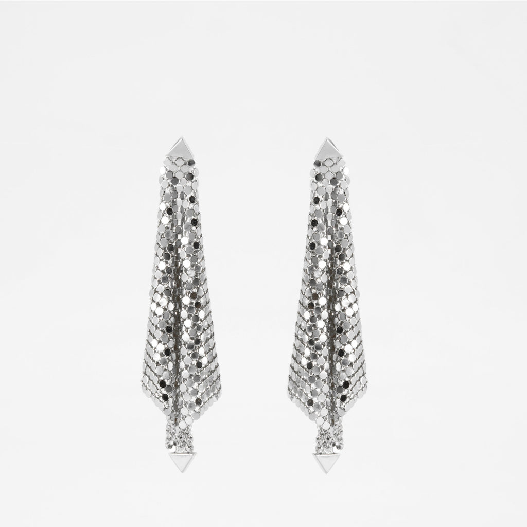 Silver earrings, Rabanne Pixel earrings, Draped design earrings, Metallic mesh jewelry, Spring-Summer 2025 accessories