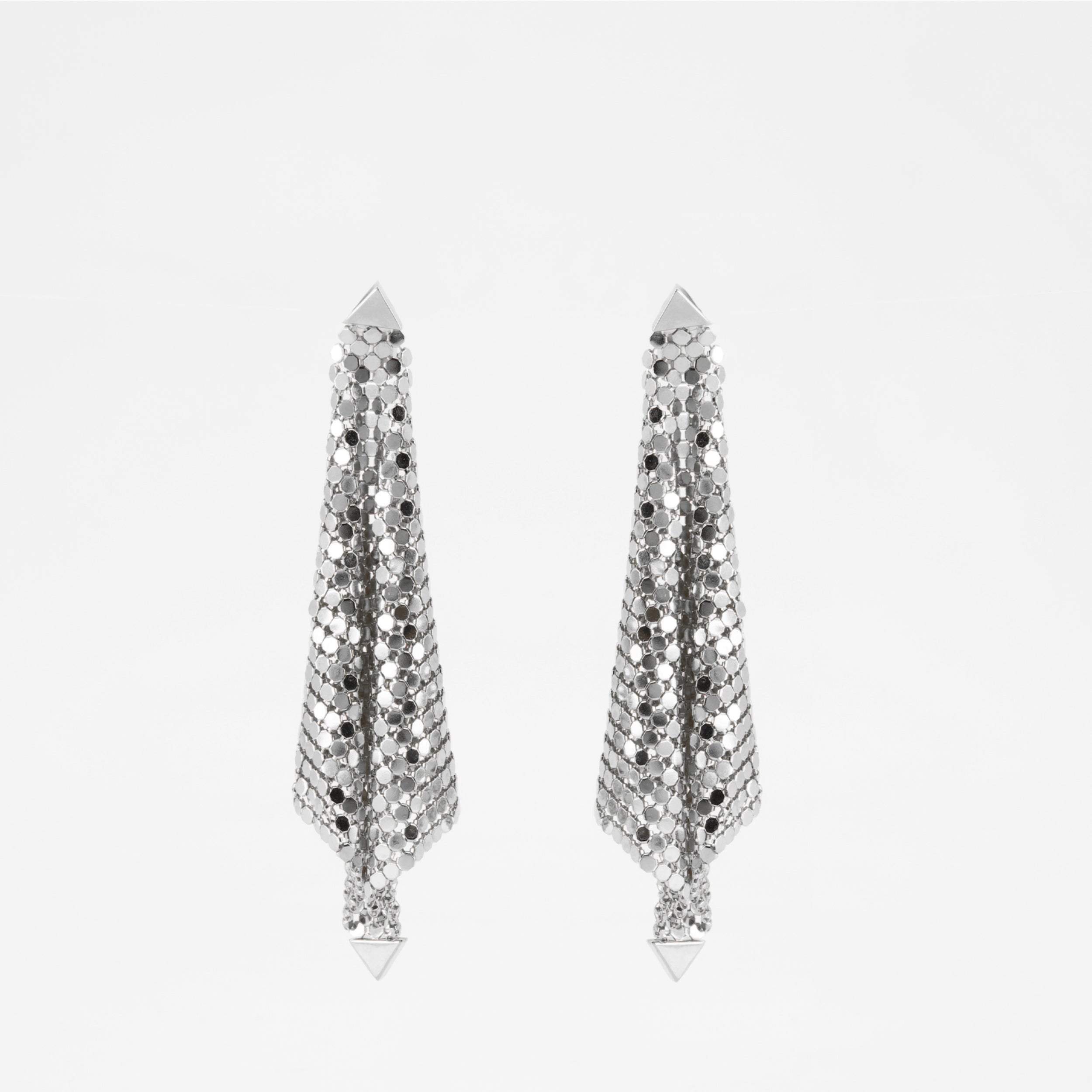 Silver earrings, Rabanne Pixel earrings, Draped design earrings, Metallic mesh jewelry, Spring-Summer 2025 accessories