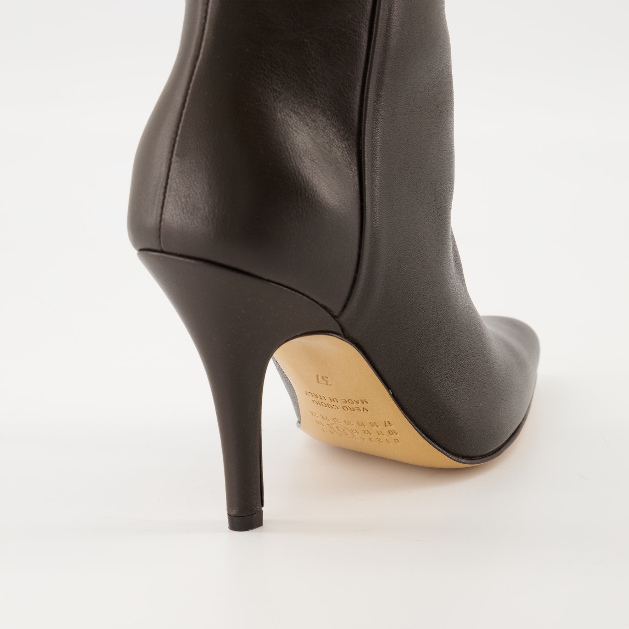 brown boots, Mm6 footwear, calf leather boots, pointed toe shoes, stiletto heel boots