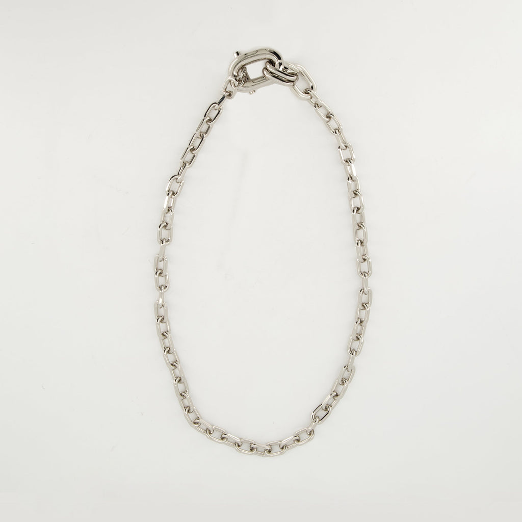 silver link necklace, Rabanne jewelry, modern design necklace, engraved logo necklace, elegant accessories