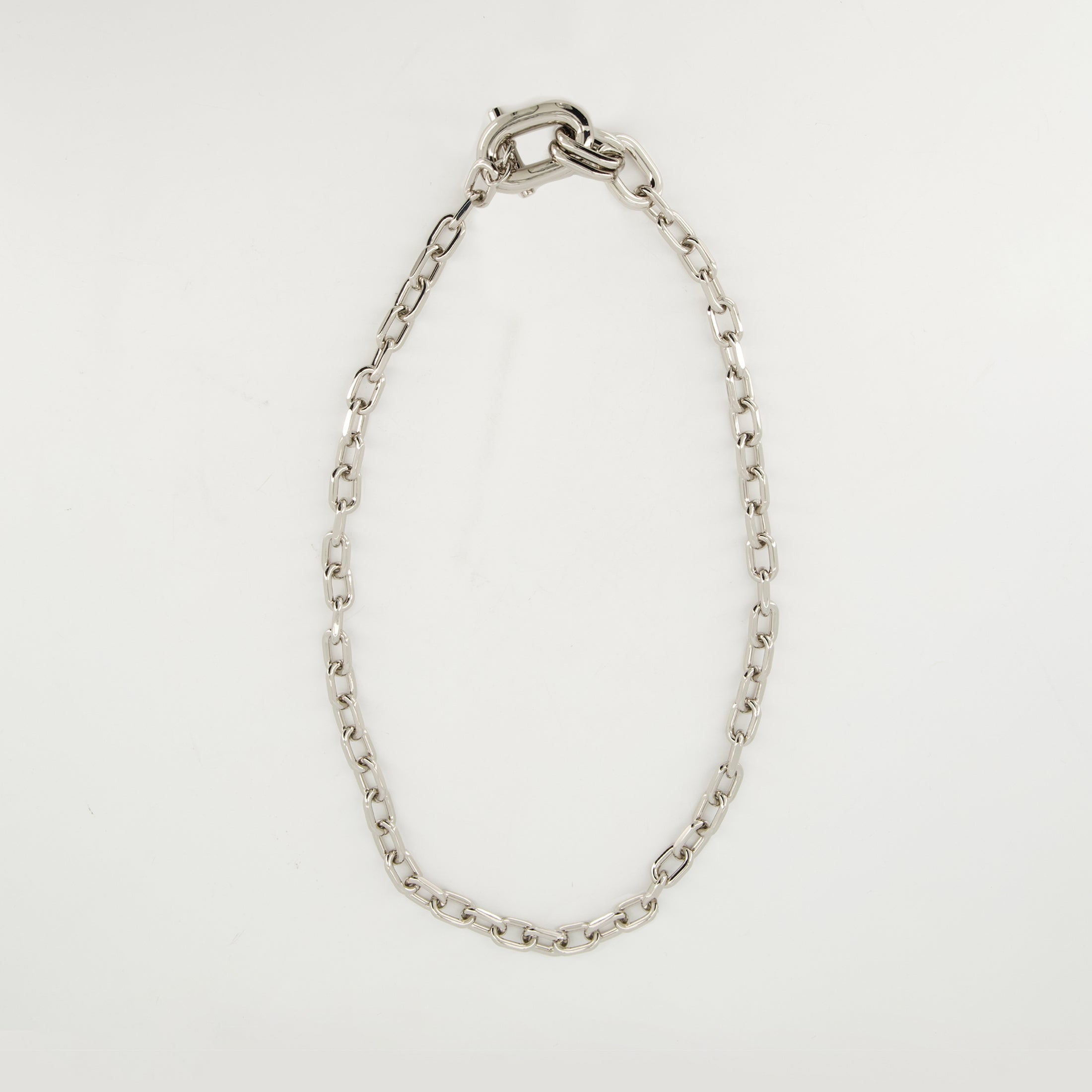 silver link necklace, Rabanne jewelry, modern design necklace, engraved logo necklace, elegant accessories