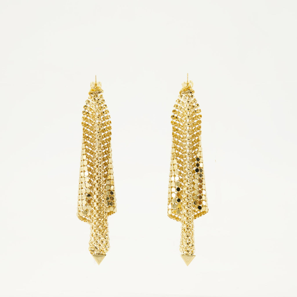 pixel earrings, golden earrings, metallic mesh, Rabanne earrings, contemporary accessories