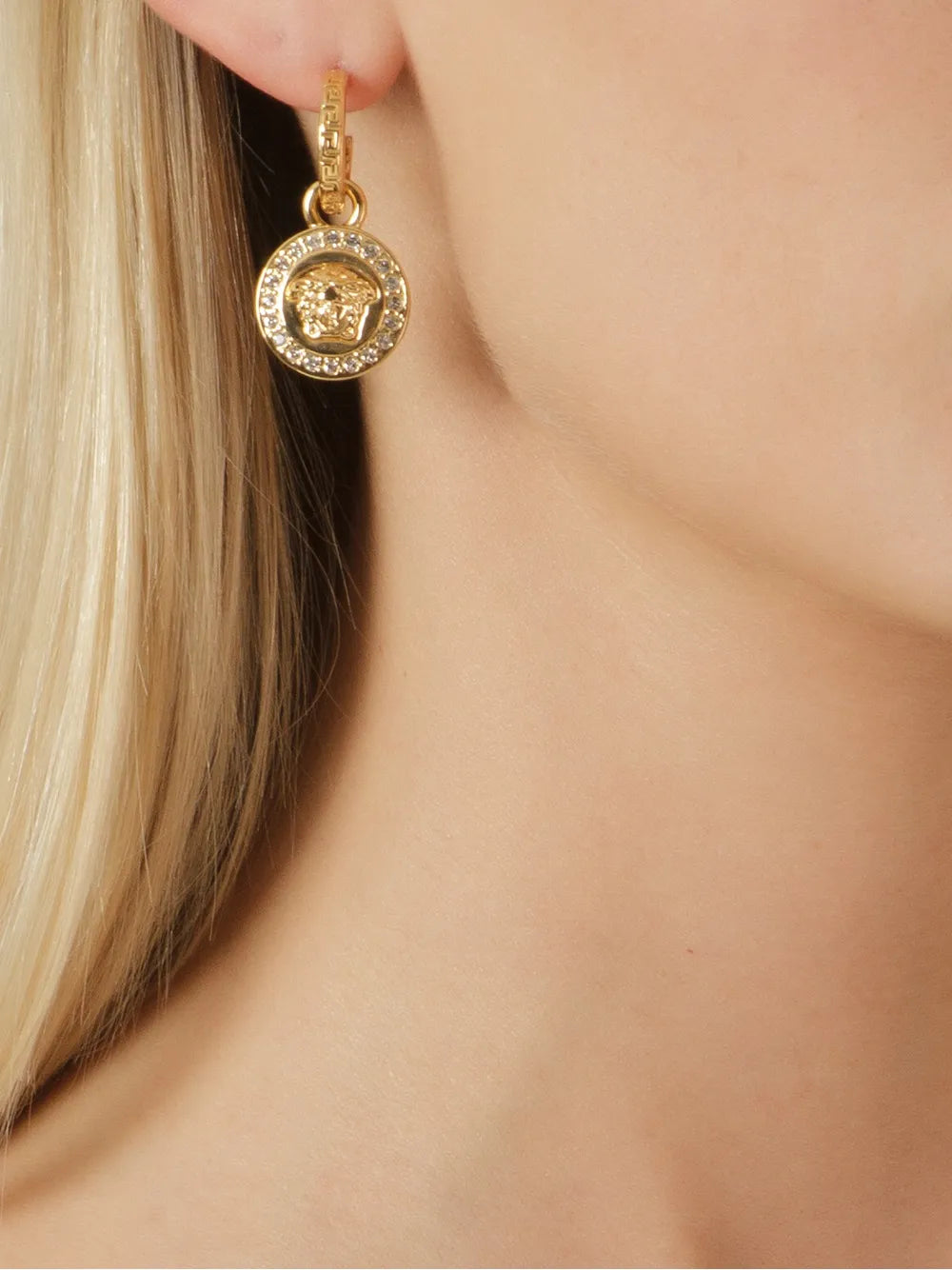 Versace earrings, crystal earrings, luxury jewelry, Medusa motif, high-end accessories