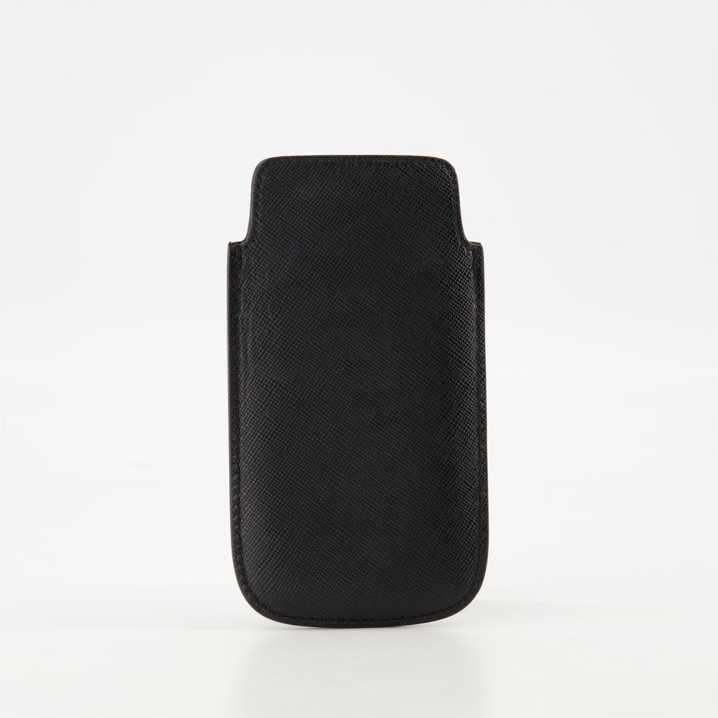 phone case, Saffiano leather, black leather case, metal logo, vintage accessory