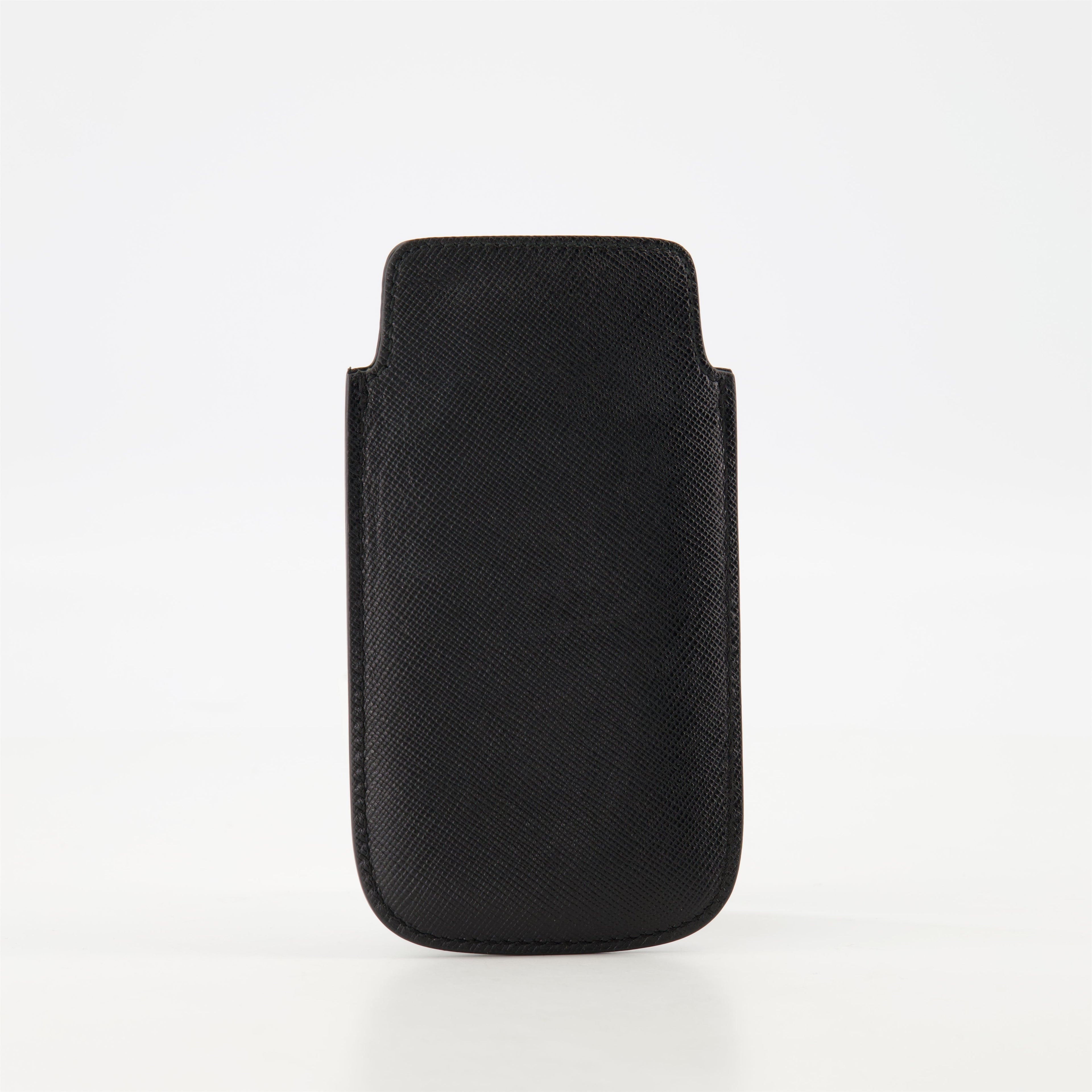 phone case, Saffiano leather, black leather case, metal logo, vintage accessory