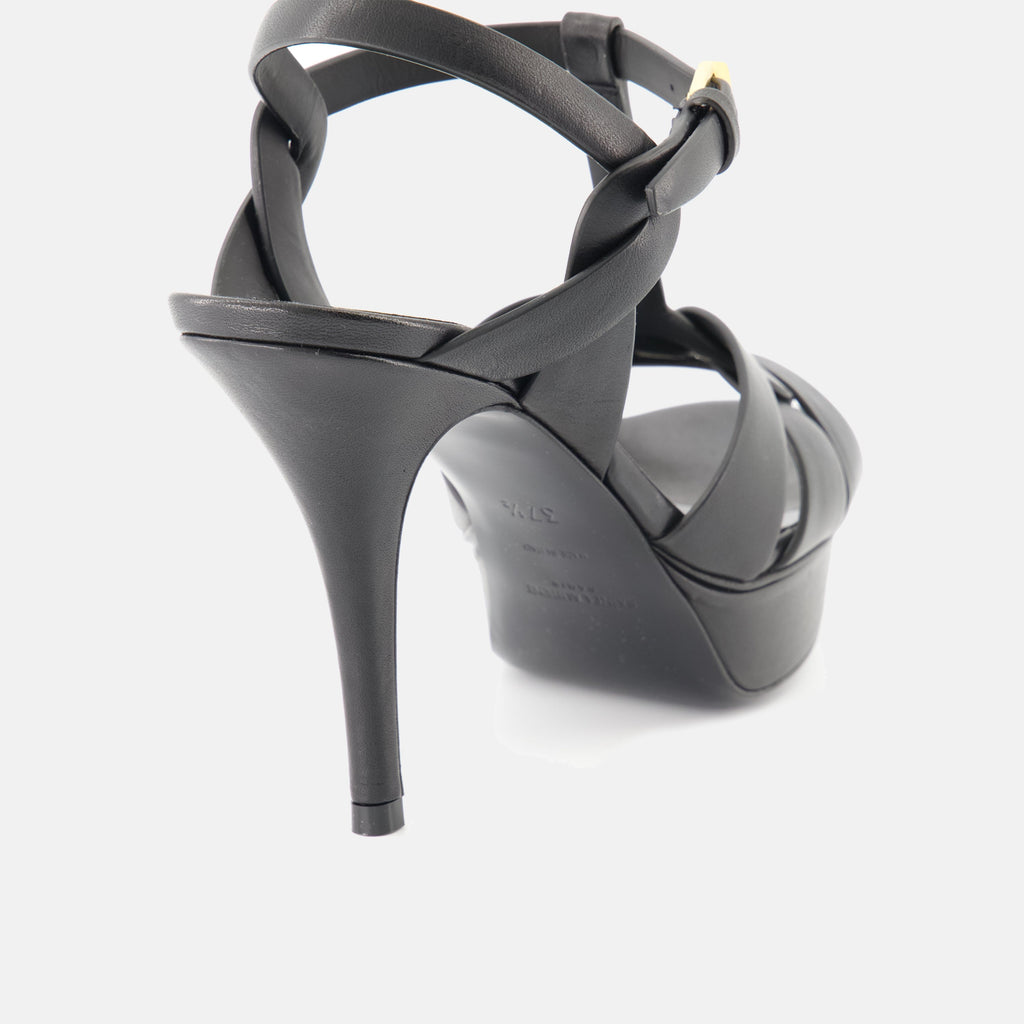 black heeled sandals, saint laurent sandals, elegant footwear, adjustable ankle strap sandals, platform heeled sandals