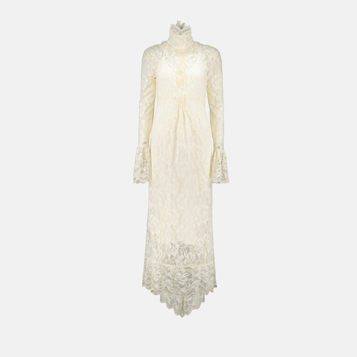 lace maxi dress, beige dress, high neck dress, long sleeve dress, Rabanne collection