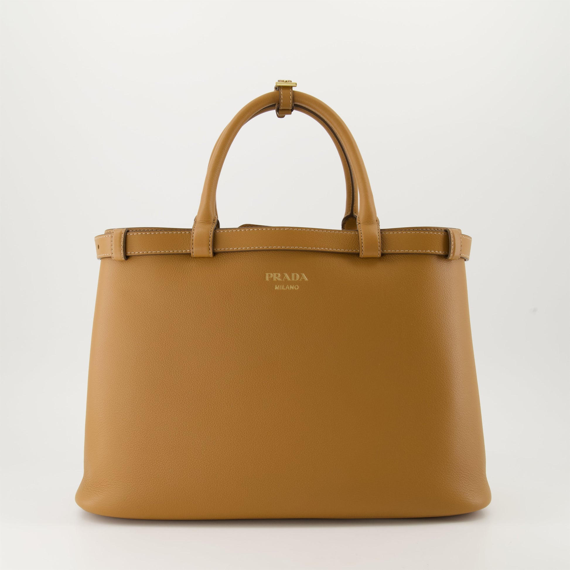 Prada buckle bag, luxury leather bag, nappa leather accessory, designer handbag, brown leather bag