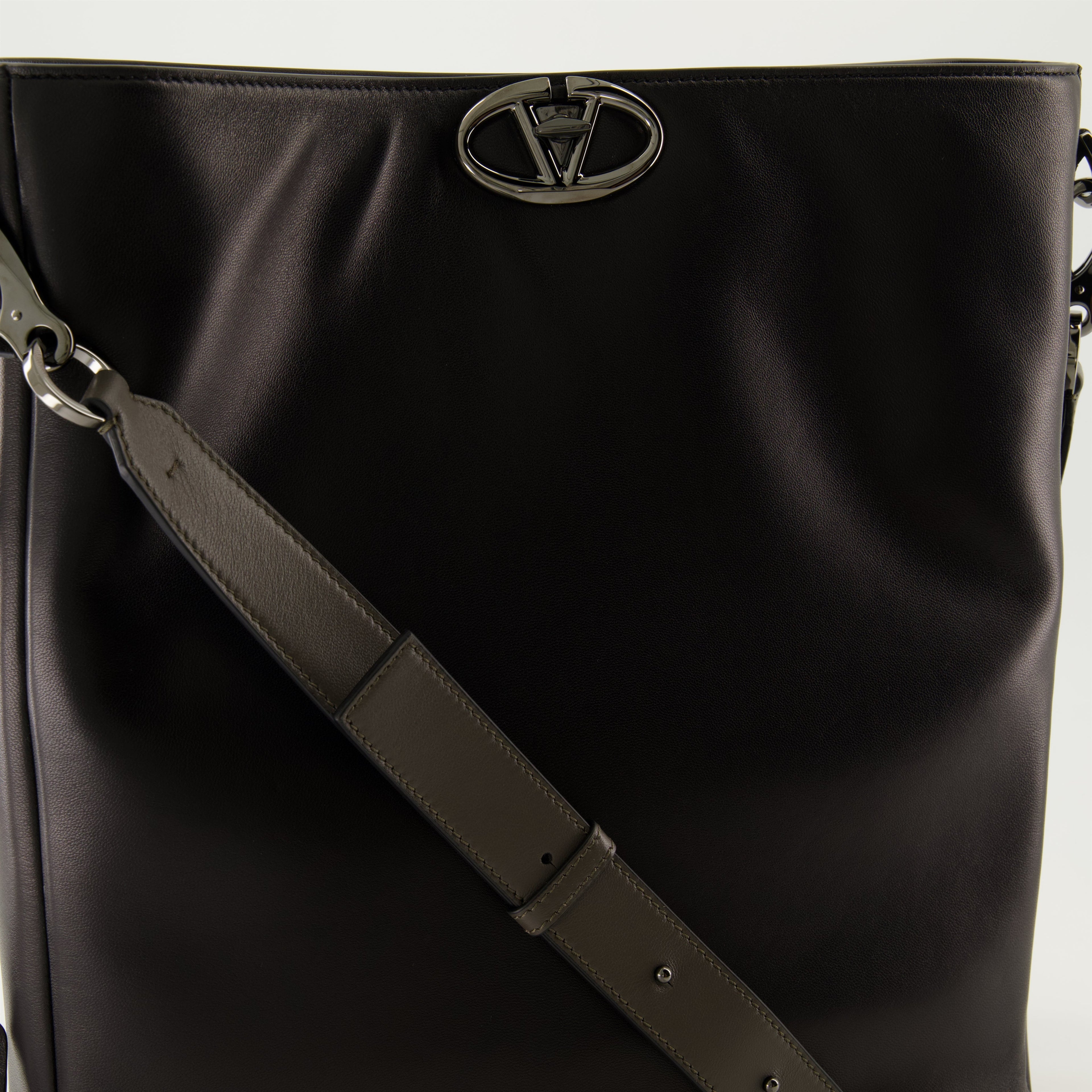 Black tote, leather bag, VLogo tote, adjustable strap, designer accessory