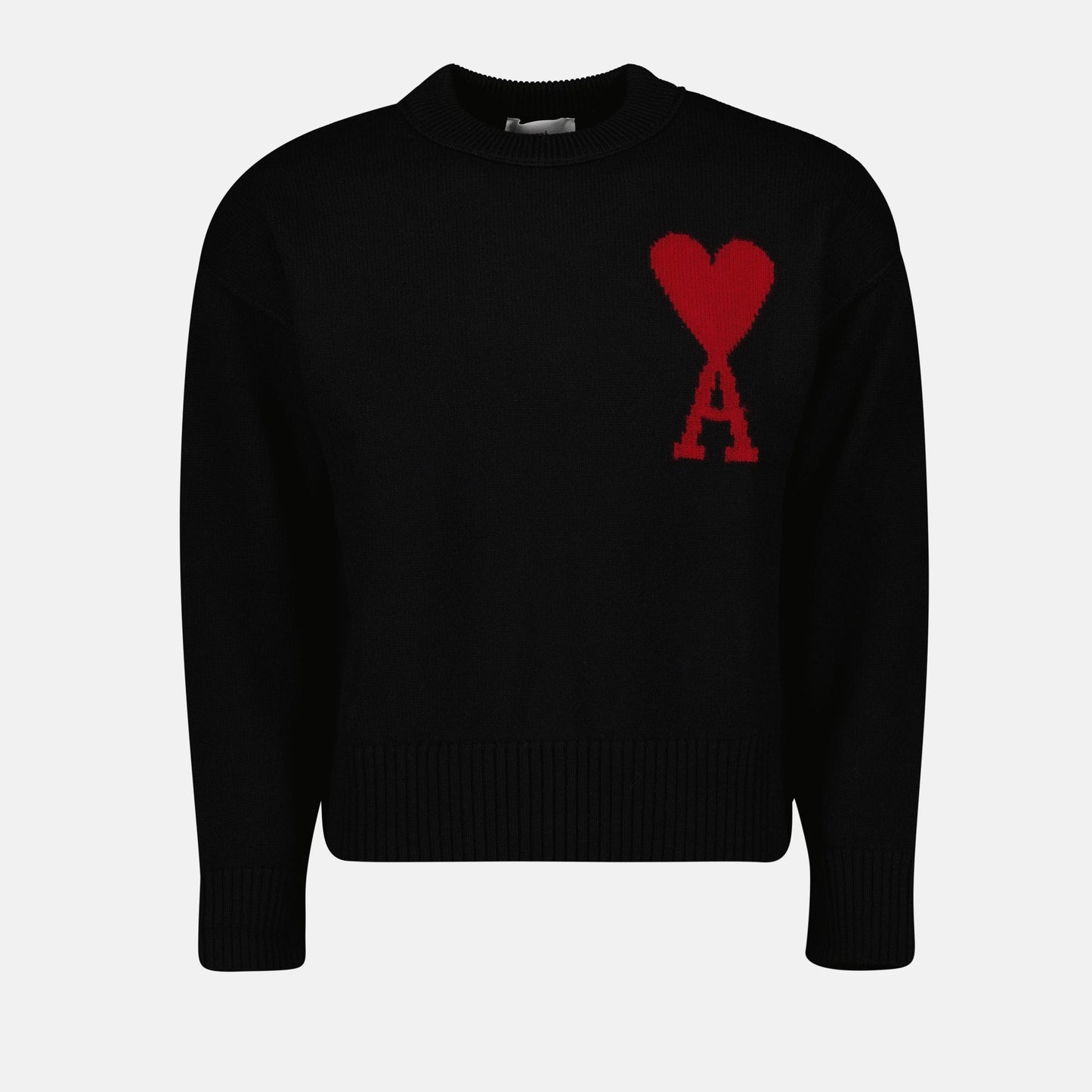 Oversize black pullover, Heart embroidery sweater, AMI Paris wool pullover, Autumn-Winter 2024 luxury, High-fashion knitwear