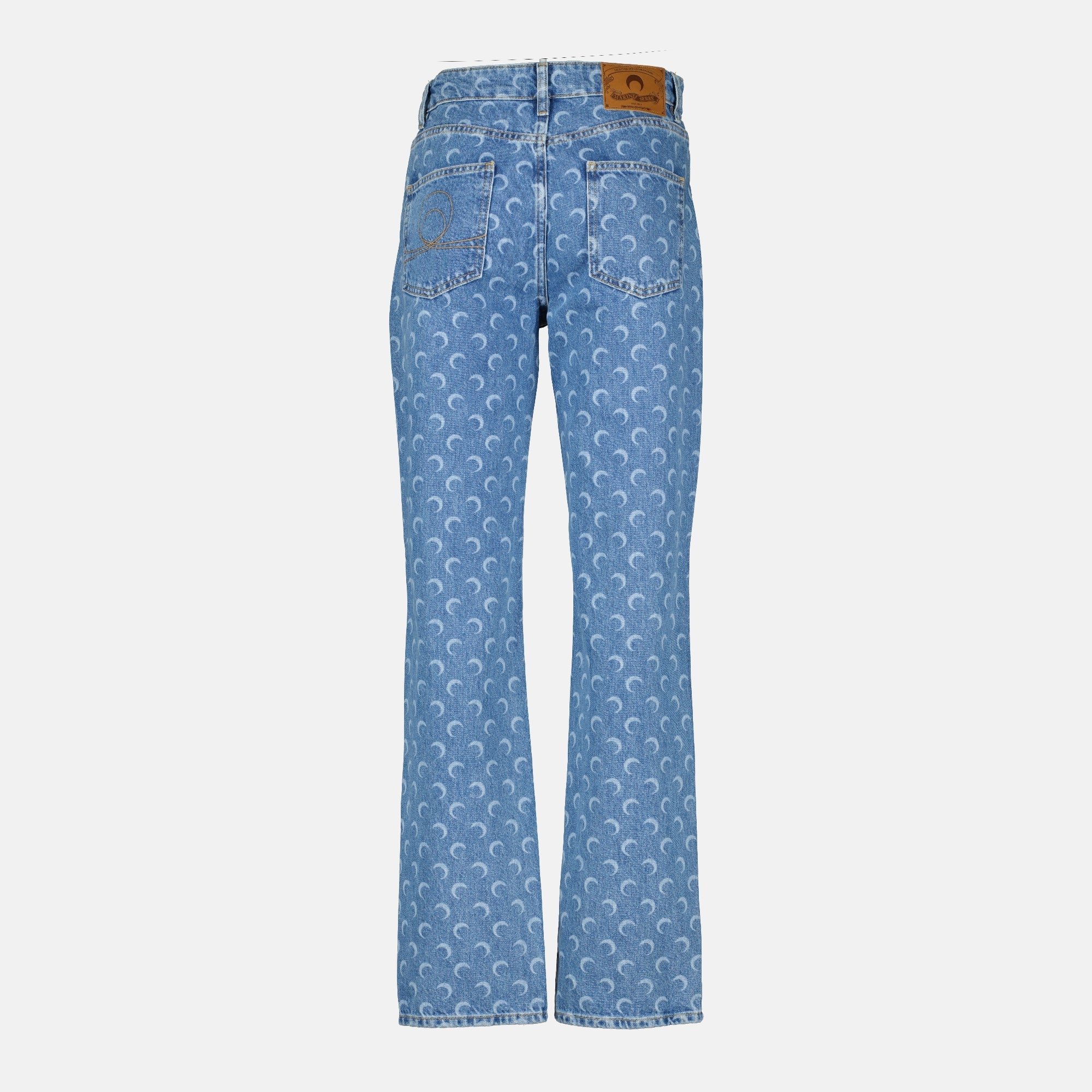 Marine Serre jeans, moon print denim, straight cut jeans, blue denim, five-pocket jeans