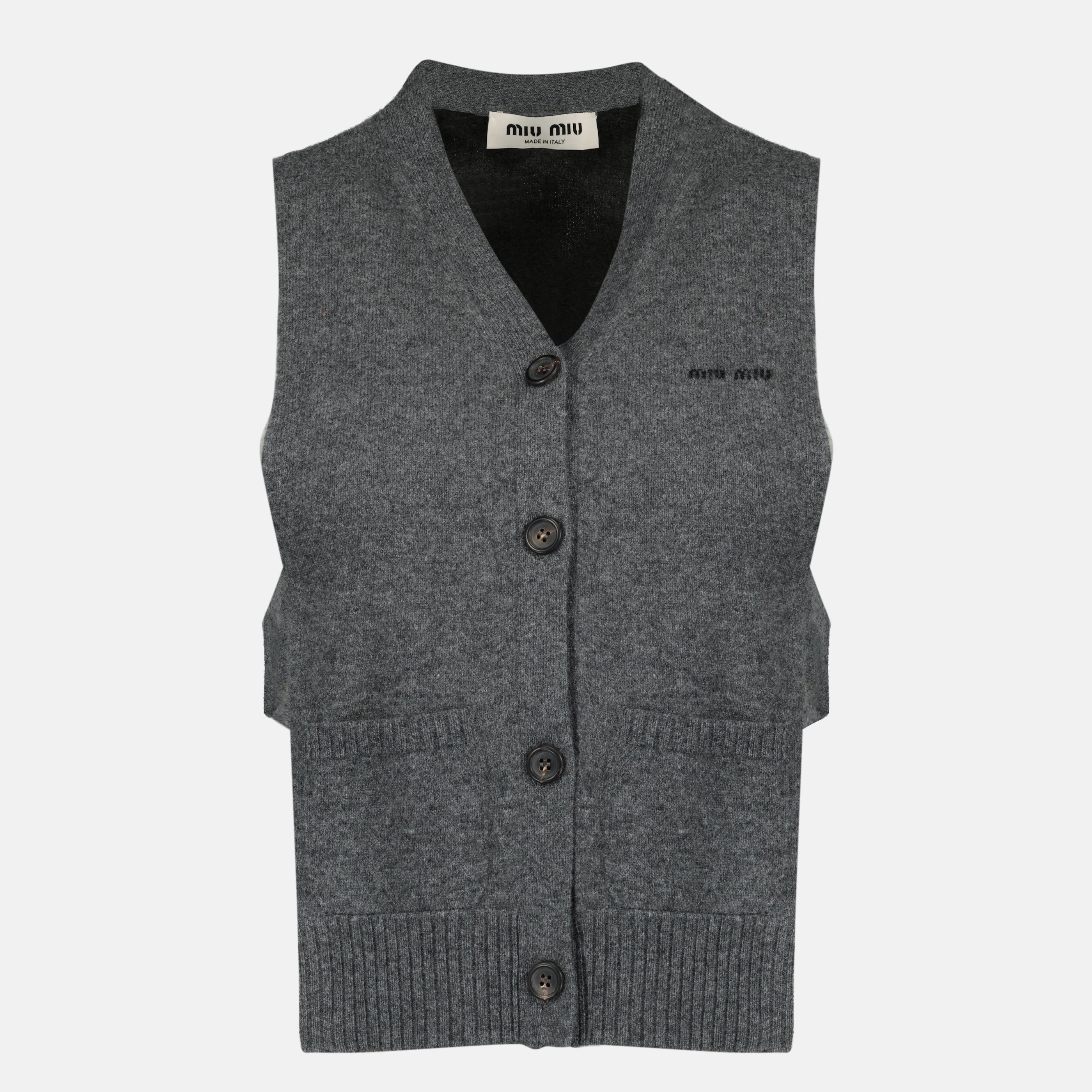 Image of Grey Wool Sleeveless Cardigan by Miu Miu for Women - Season Spring-Summer 2026 - Front View