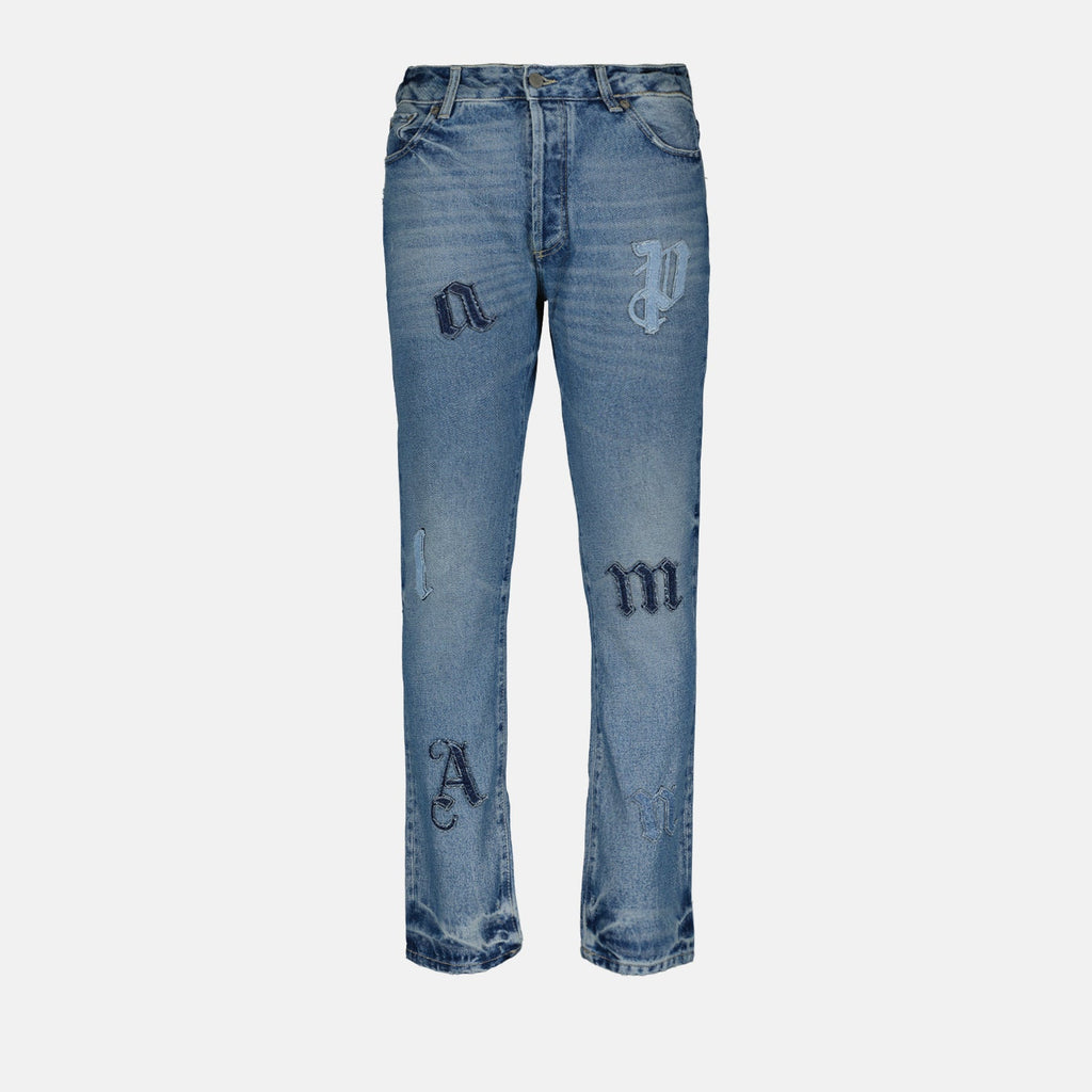 Palm Angels jeans, distressed jeans, straight-leg jeans, patchwork denim, luxury streetwear