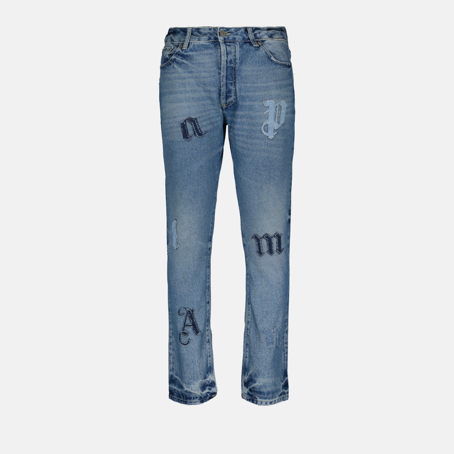 Palm Angels jeans, distressed jeans, straight-leg jeans, patchwork denim, luxury streetwear