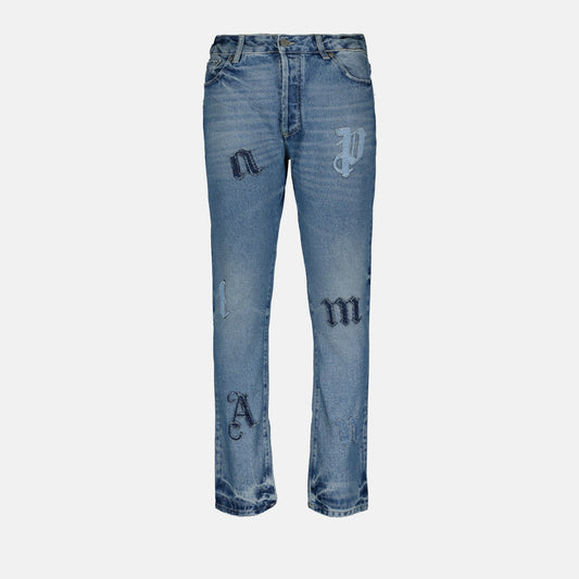 Palm Angels jeans, distressed jeans, straight-leg jeans, patchwork denim, luxury streetwear