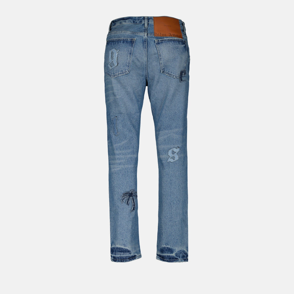 Palm Angels jeans, distressed jeans, straight-leg jeans, patchwork denim, luxury streetwear