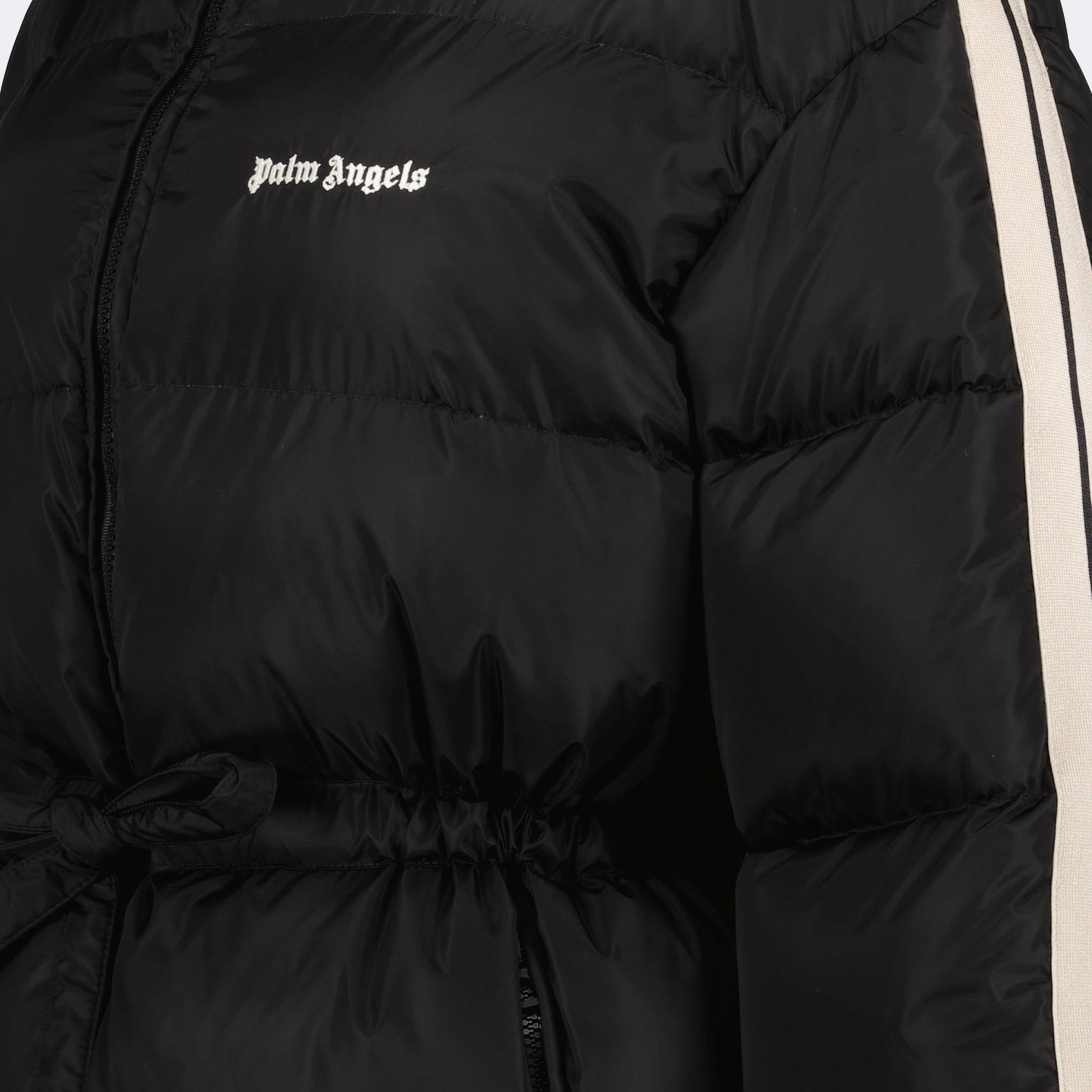 luxury puffer jacket, black cinched jacket, Palm Angels puffer, high-end outerwear, designer winter wear