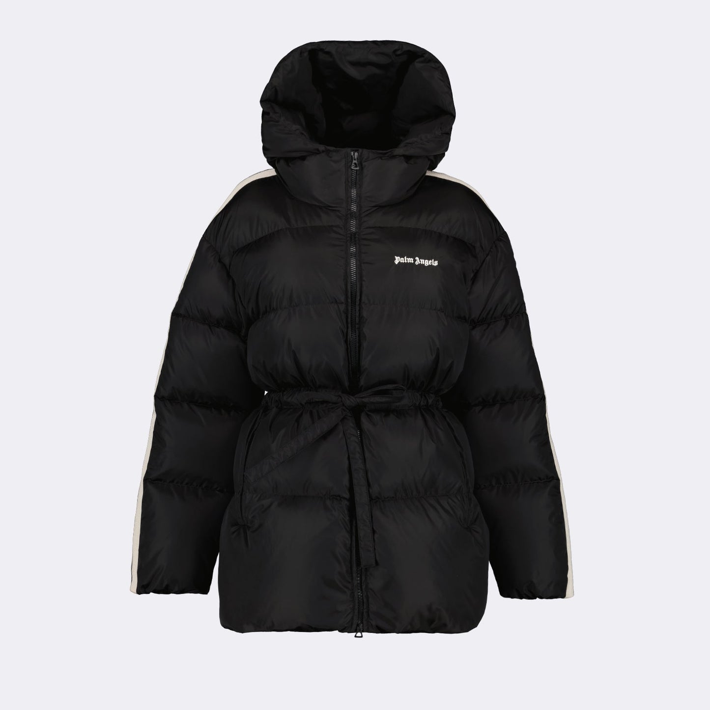 luxury puffer jacket, black cinched jacket, Palm Angels puffer, high-end outerwear, designer winter wear