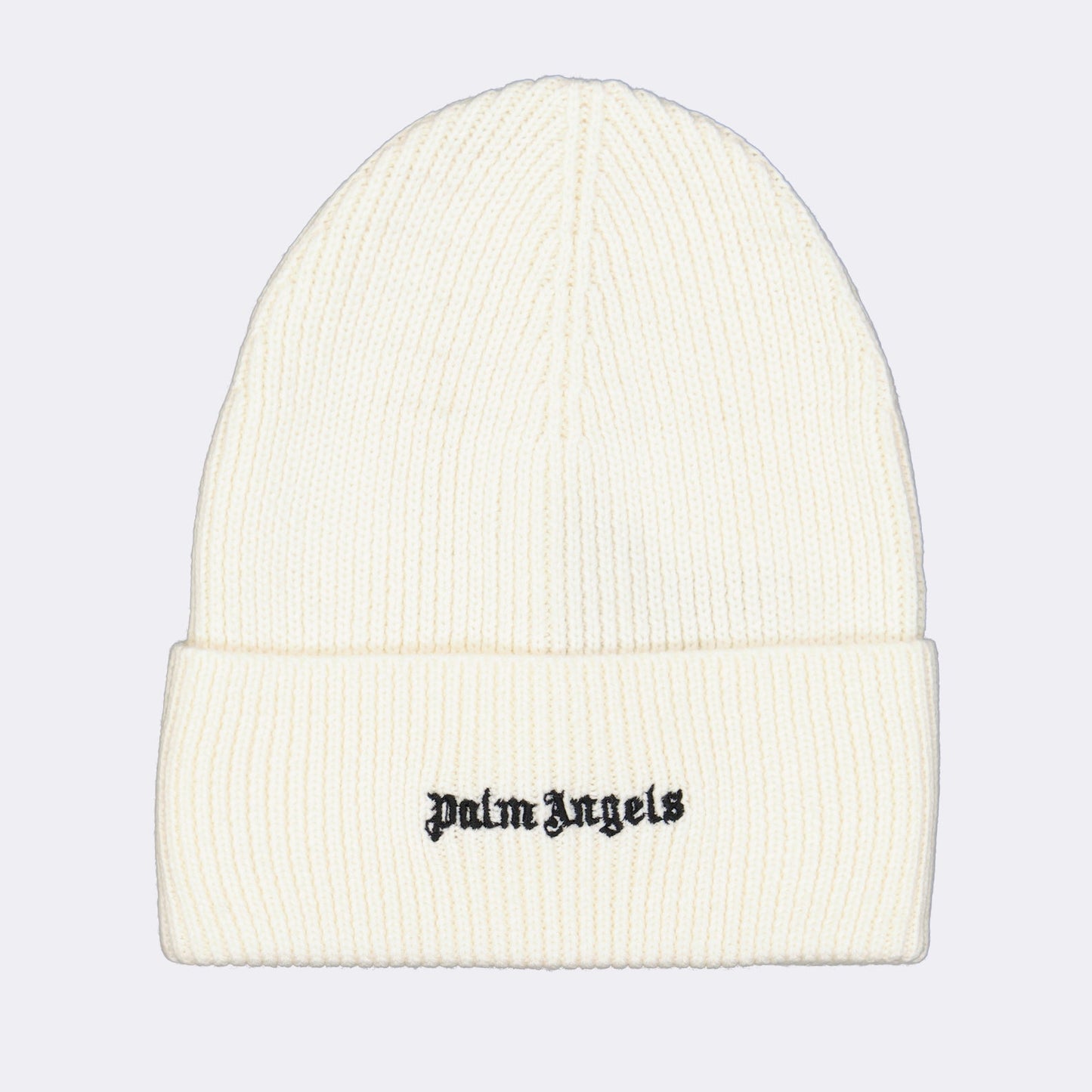 Palm Angels beanie, white logo beanie, luxury headwear, fashion accessory, high-end beanie