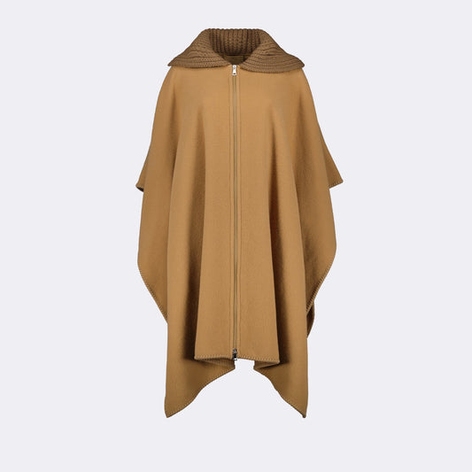 luxury cape, Moncler wool cape, zip-front cape, high-end fashion, elegant wool outerwear