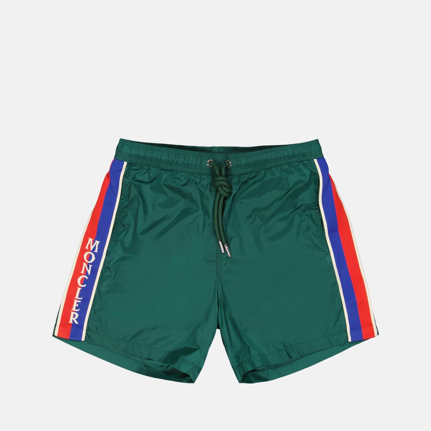 Moncler swim shorts, luxury swimwear, green swim shorts, premium beachwear, high-end swim attire