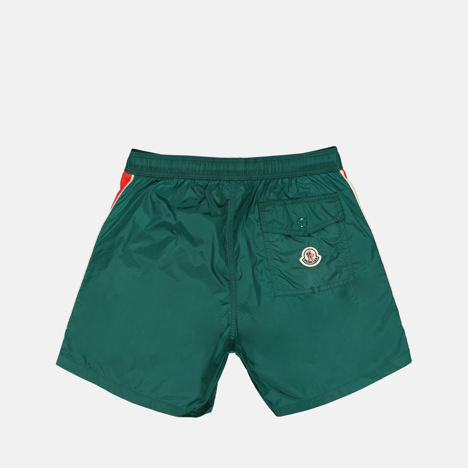 Moncler swim shorts, luxury swimwear, green swim shorts, premium beachwear, high-end swim attire