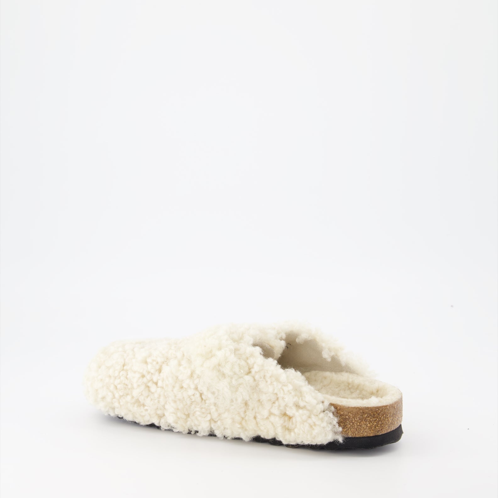 Boston Mules, Big Buckle, Plush Lamb Fur, Cork Footbed, Adjustable Strap