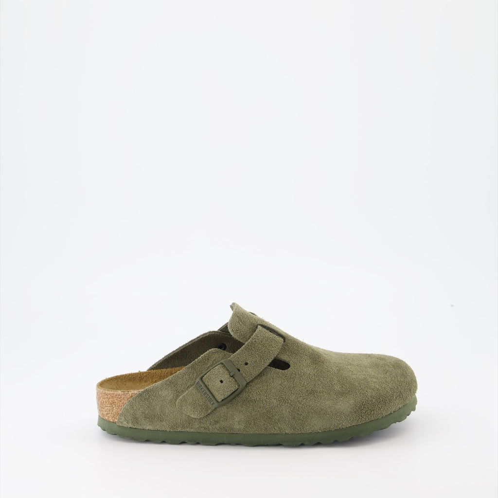 Boston Mules, Birkenstock suede shoes, comfortable slip-on mules, khaki mules, autumn footwear