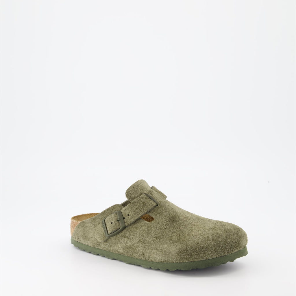 Boston Mules, Birkenstock suede shoes, comfortable slip-on mules, khaki mules, autumn footwear