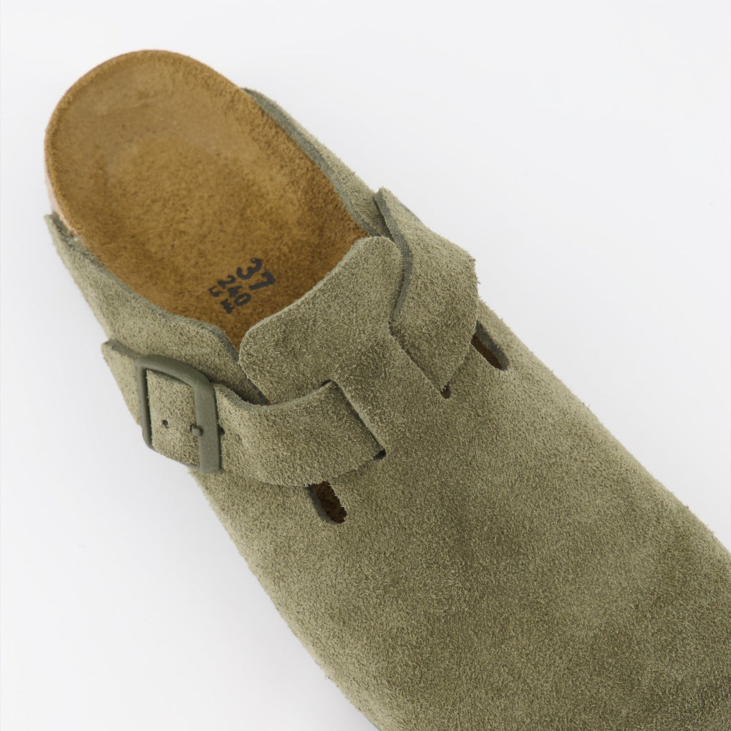 Boston Mules, Birkenstock suede shoes, comfortable slip-on mules, khaki mules, autumn footwear