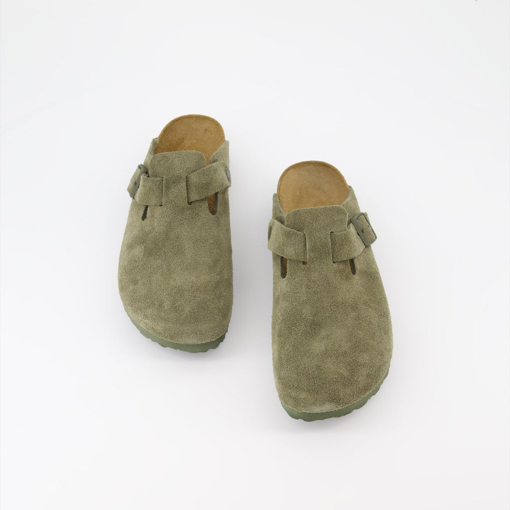 Boston Mules, Birkenstock suede shoes, comfortable slip-on mules, khaki mules, autumn footwear