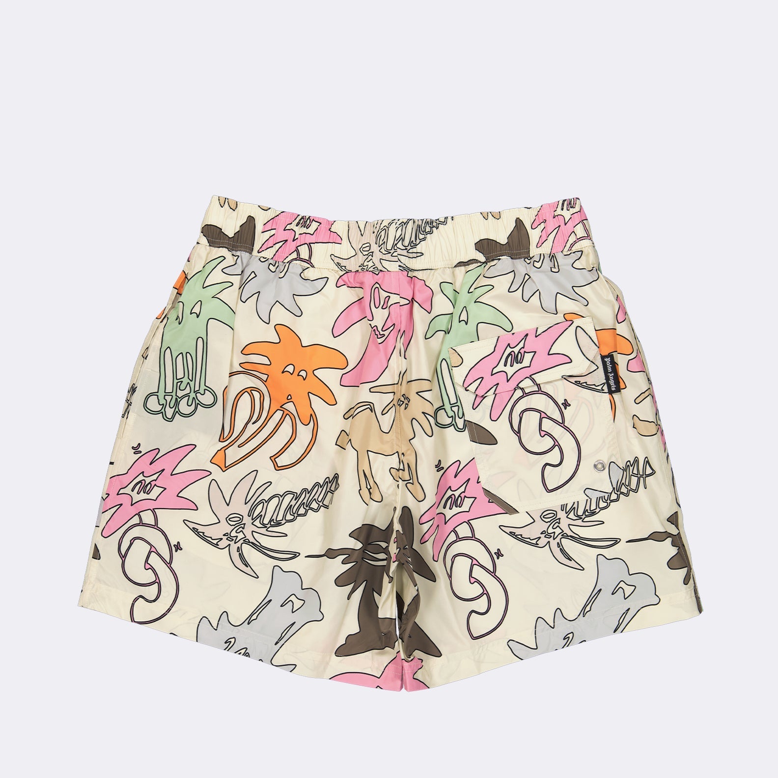 Palm Angels swimwear, luxury swim shorts, Palmity design, high-end beachwear, tropical swim shorts