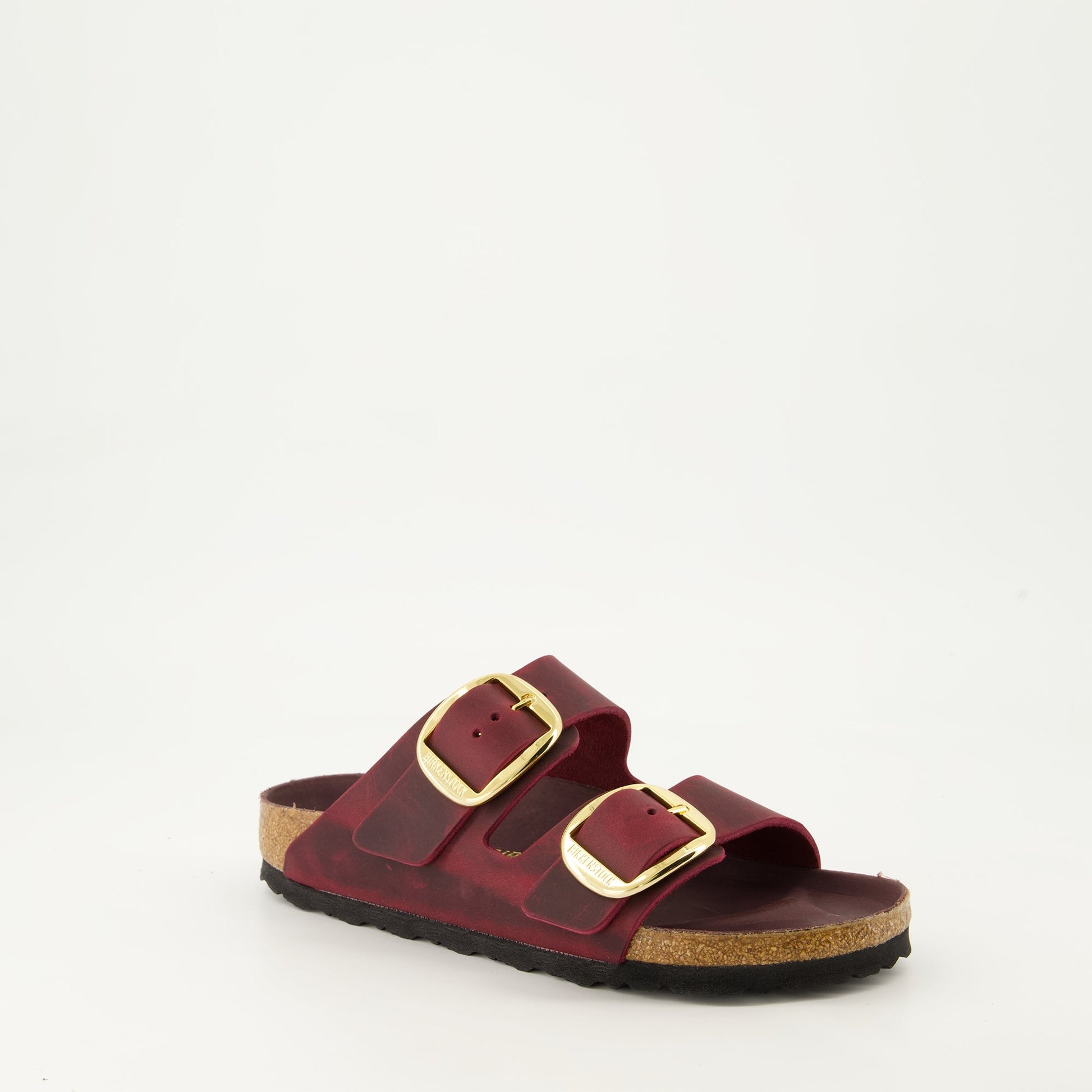 Arizona sandals, leather sandals, burgundy sandals, big buckle sandals, luxury footwear