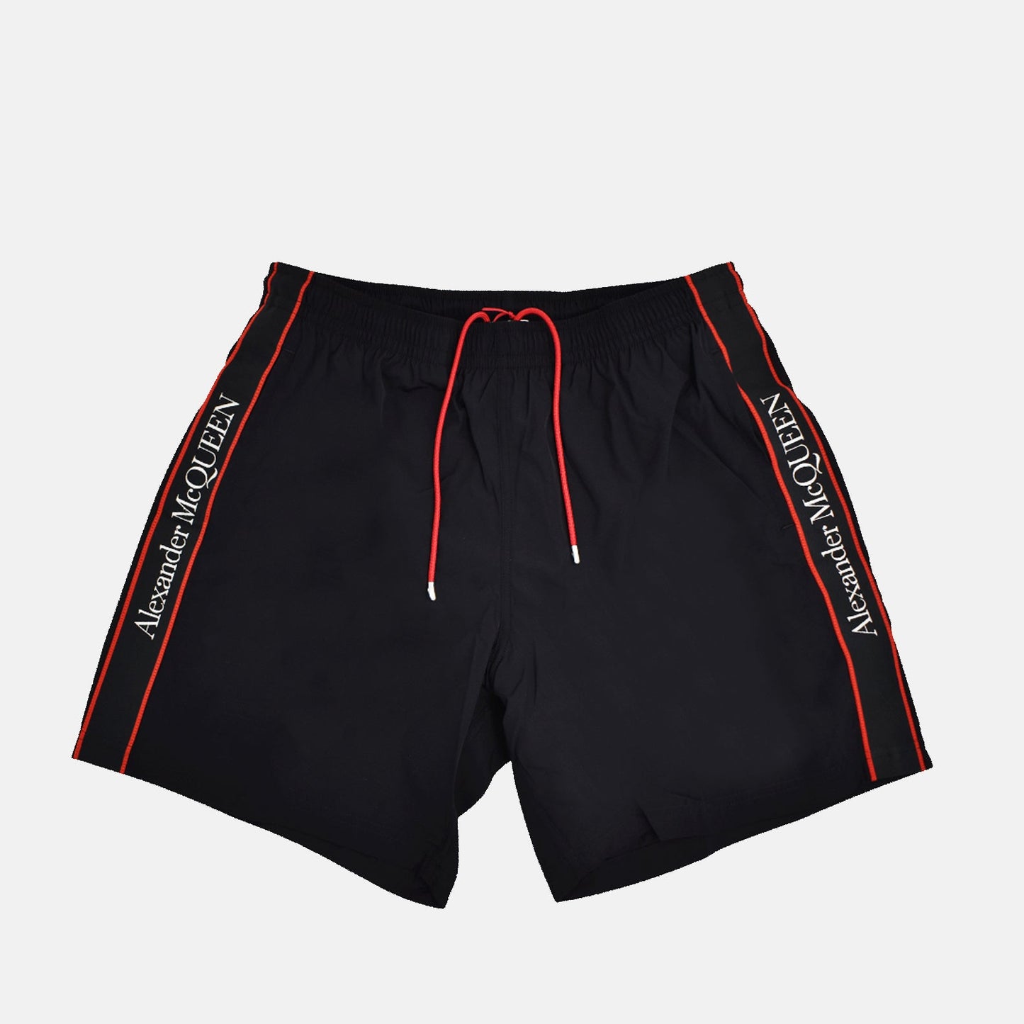 Alexander McQueen swim shorts, luxury swimwear, men's swim shorts, designer swim shorts, black logo swimwear