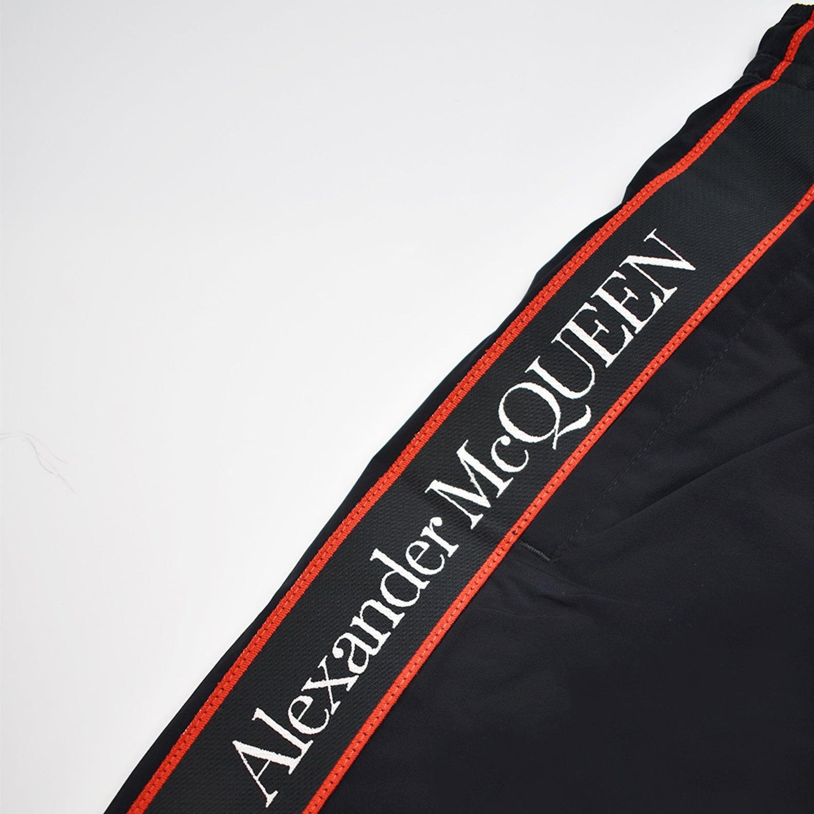 Alexander McQueen swim shorts, luxury swimwear, men's swim shorts, designer swim shorts, black logo swimwear