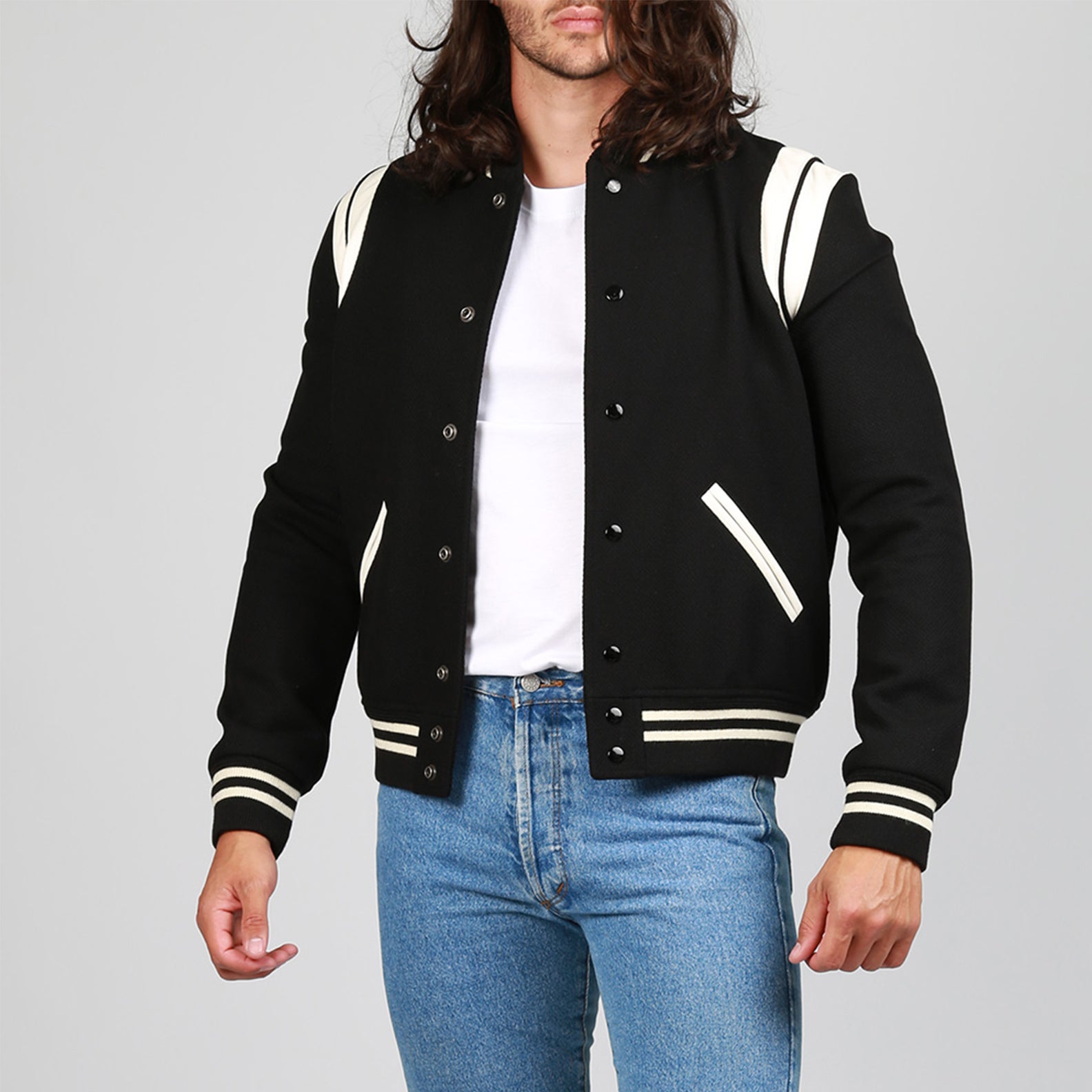 Teddy Bomber, Saint Laurent Men, Stripe Jacket, Luxury Menswear, High-End Fashion