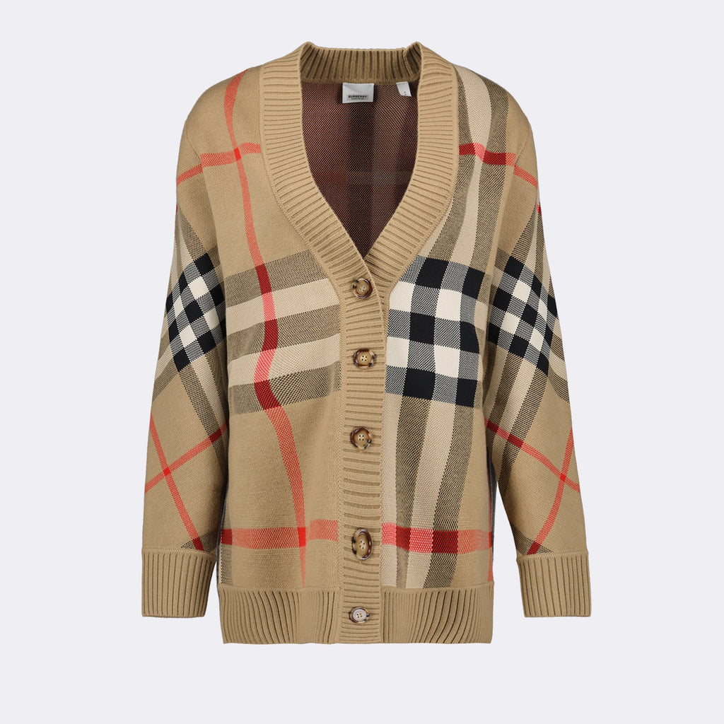 Burberry cardigan, checked cardigan, wool cardigan, casual style, women's knitwear