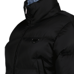 Prada down jacket, Re-Nylon jacket, sustainable luxury, black down jacket, high-end fashion