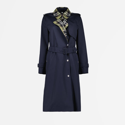 Burberry trench coat, long blue trench coat, luxury outerwear, elegant women's coat, sophisticated fashion