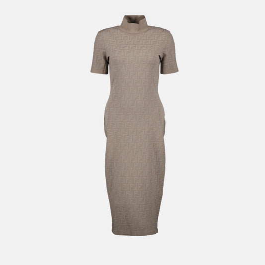 viscose dress, high collar dress, Fendi dress, beige dress, luxury women's wear