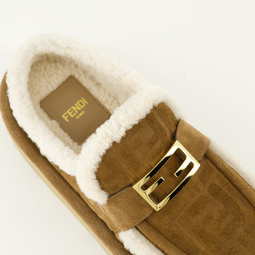brown clogs, suede footwear, Fendi collection, winter shoes, après-ski clogs
